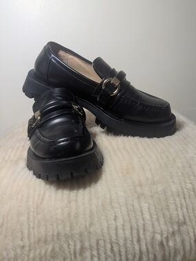 ZARA Black Chunky Lug Sole Loafers with Gold Buckle